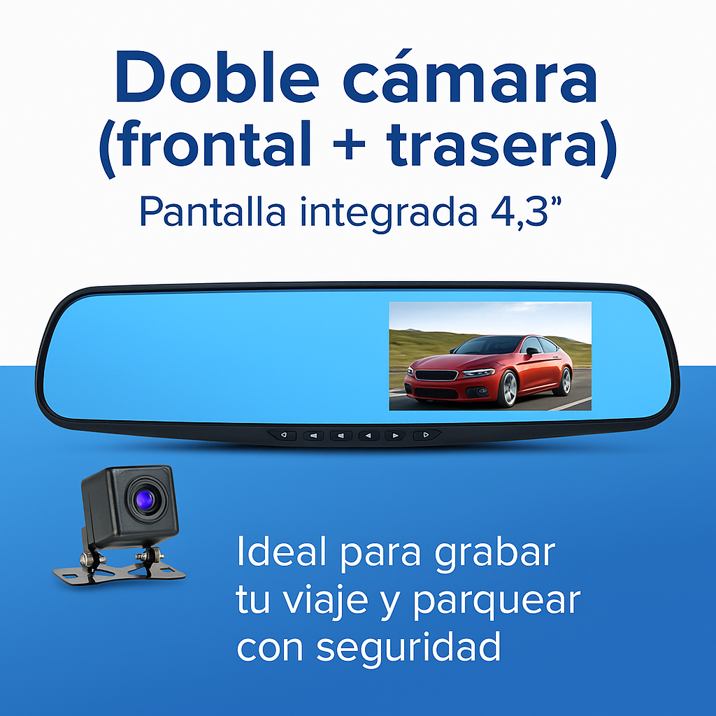 Espejo Retrovisor con Pantalla 4.3” + Cámara de Reversa | 1080p | Gran Angular